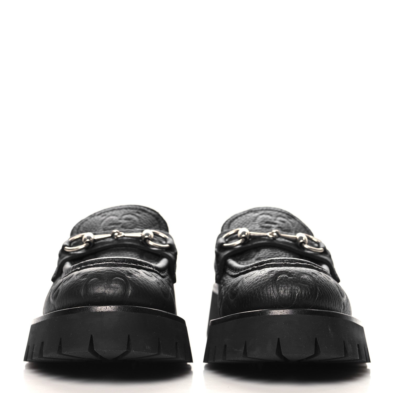 Gucci Piuma Calfskin Embossed Womens Platform Lug Sole Loafers 37.5 Black 3 of 10