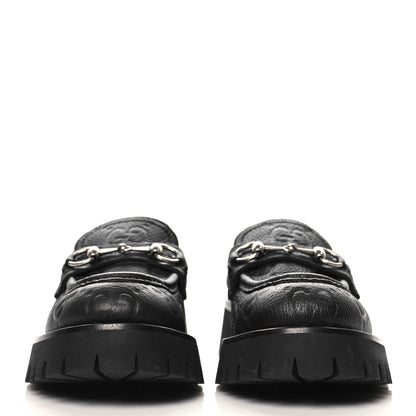 Gucci Piuma Calfskin Embossed Womens Platform Lug Sole Loafers 37.5 Black 3 of 10