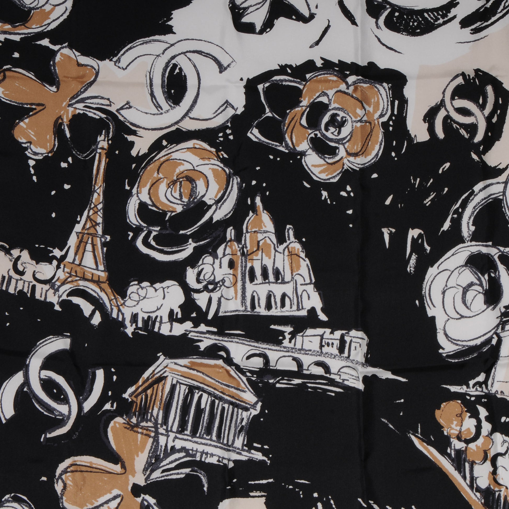 Chanel Silk Paris Scarf Black Beige 1 of 5