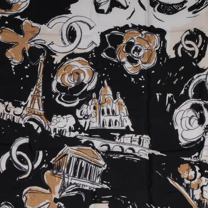 Chanel Silk Paris Scarf Black Beige 1 of 5