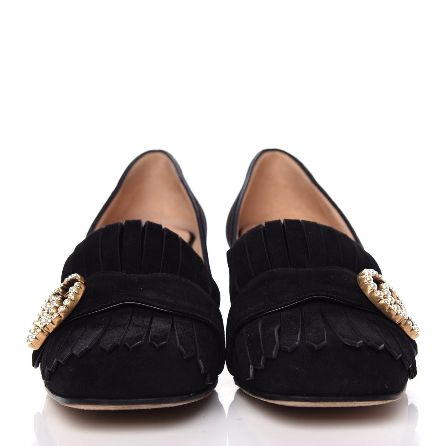 Kid Scamosciato Pearly GG Marmont Fringe 50mm Loafer Pumps 36 Black