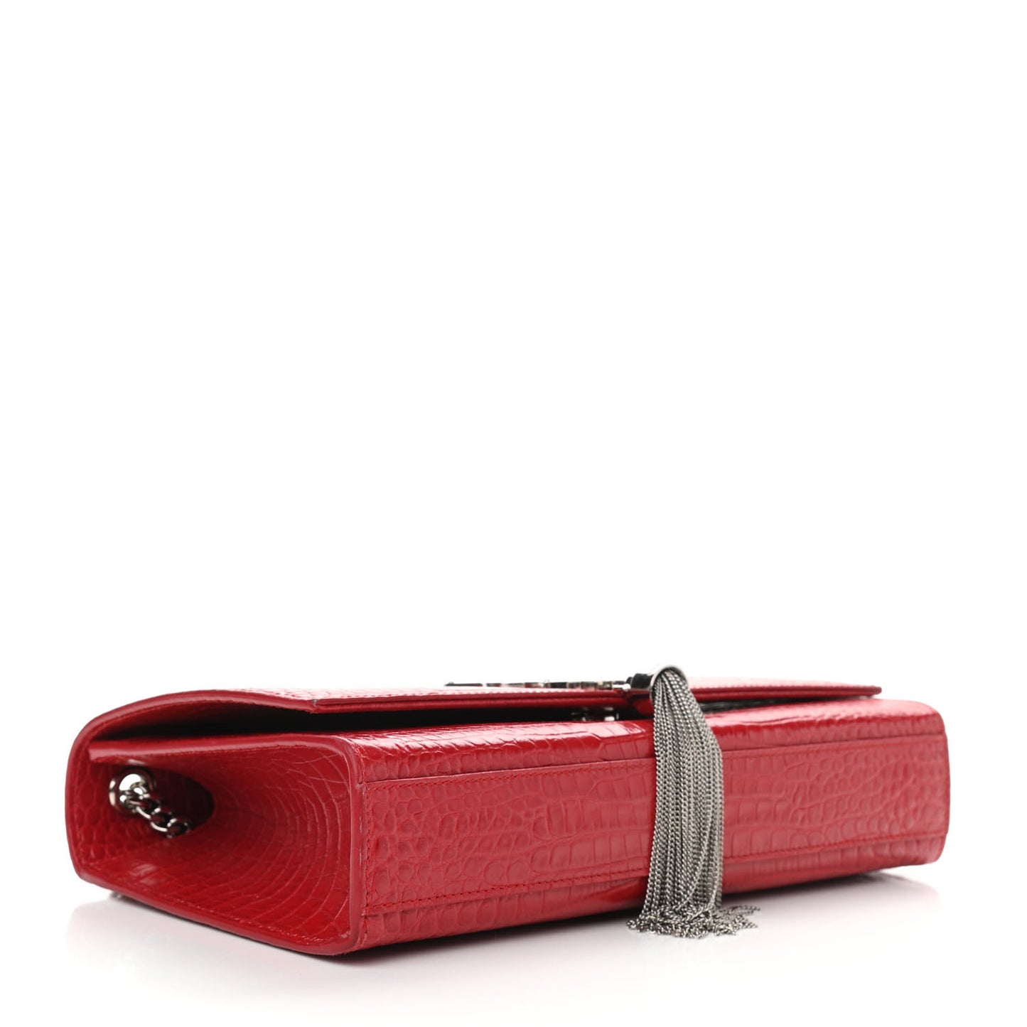 Calfskin Crocodile Embossed Medium Classic Monogram Kate Tassel Satchel Red
