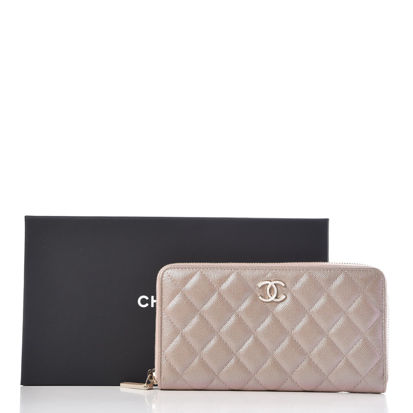 Iridescent Caviar Quilted Long Zip Around Wallet Beige