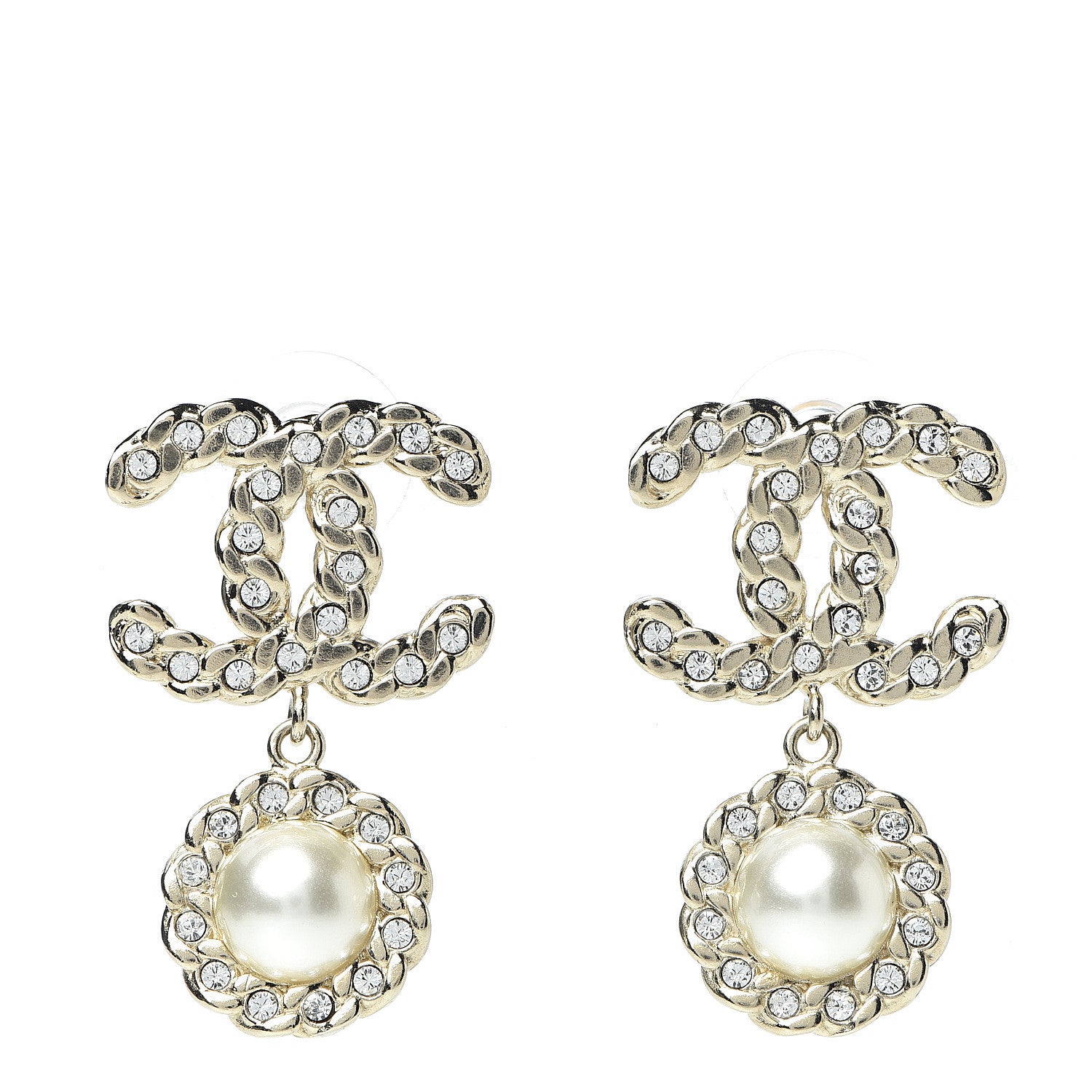 Chanel Crystal Pearl Pearls Coronation CC Drop Earrings Gold 1 of 5