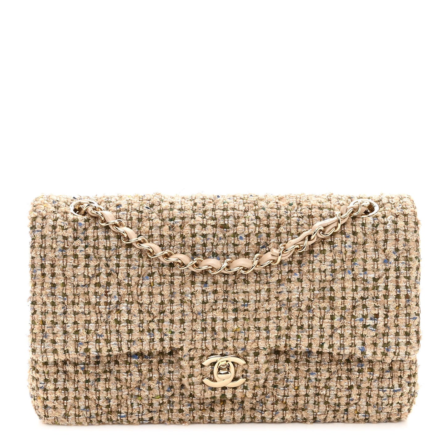Tweed Quilted Medium Double Flap Beige Gold Multicolor