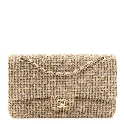Chanel Tweed Quilted Medium Double Flap Beige Gold Multicolor 1 of 10