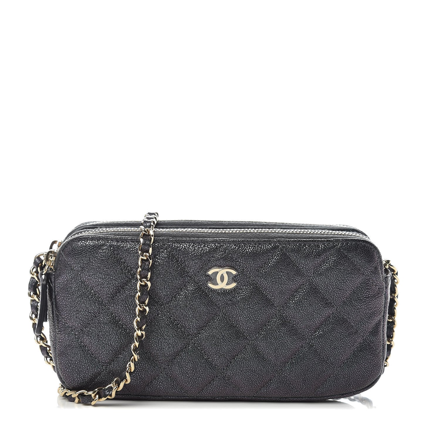 Iridescent Caviar Quilted Clutch With Chain Black