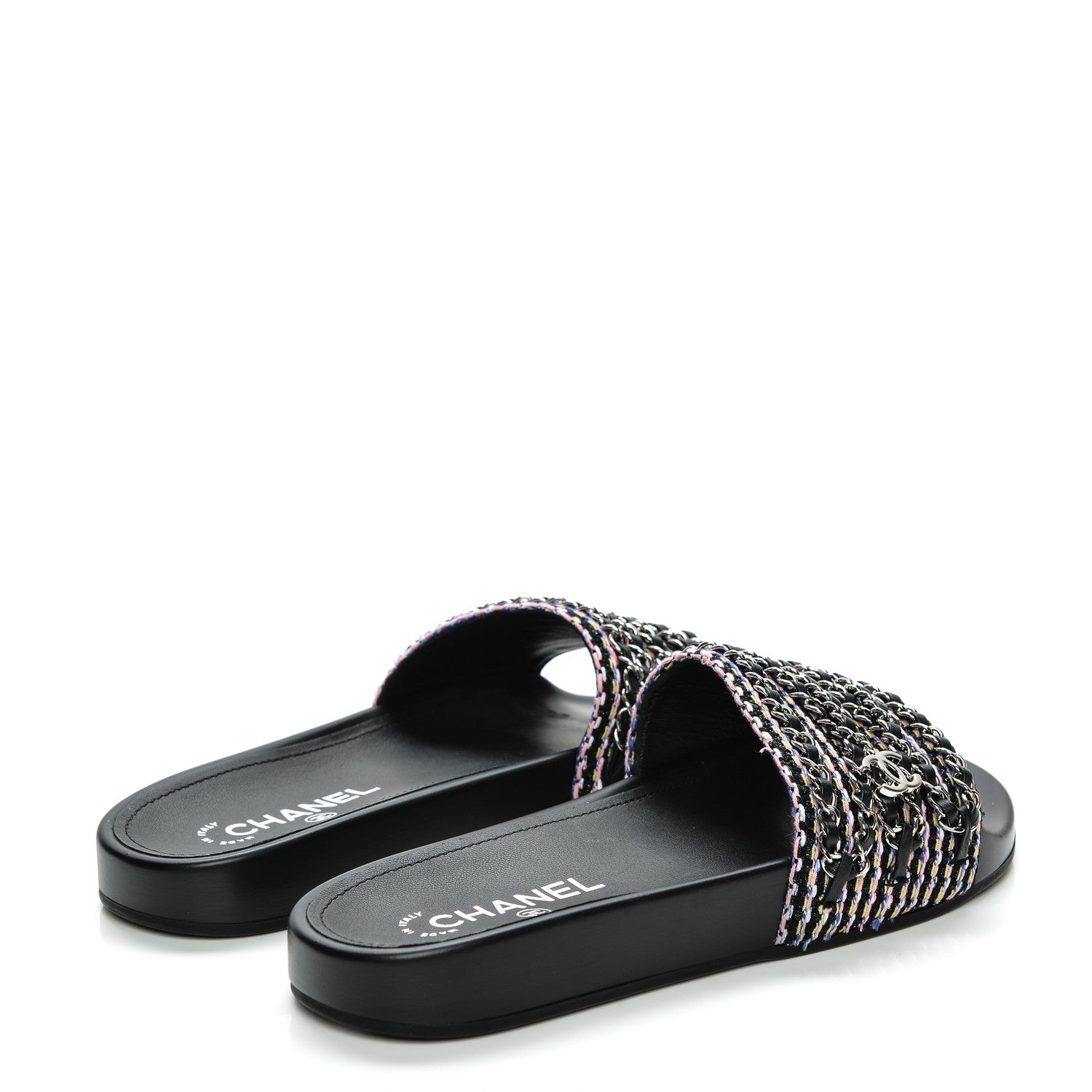 Chanel Tweed Lambskin Chain Flat Sandals 39 Black Multicolor 4 of 8