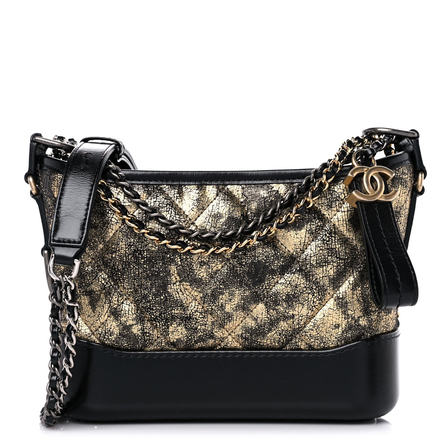 Metallic Crumpled Goatskin Quilted Small Gabrielle Hobo Black Gold