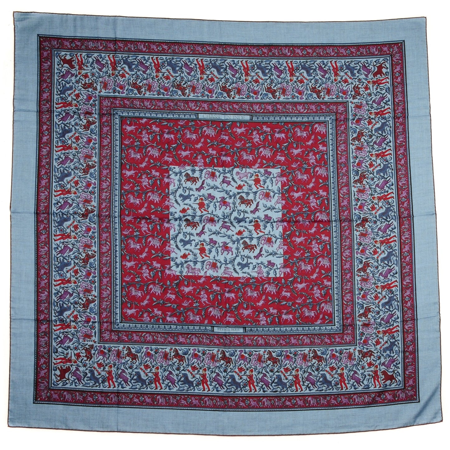 Cashmere Silk Chasse En Inde Shawl 140 Bleu Chine Violet Blue Jean