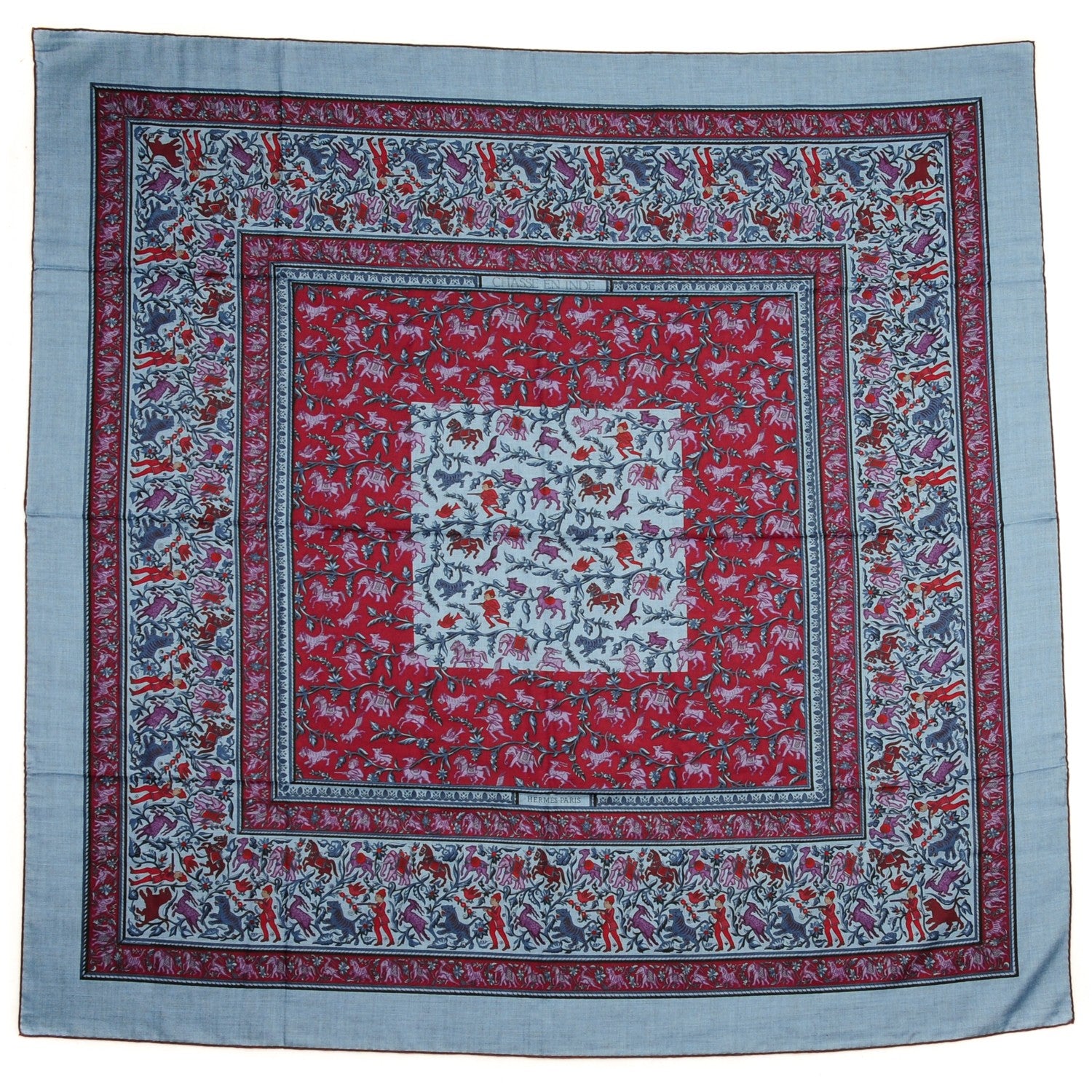 Hermes Cashmere Silk Chasse En Inde Shawl 140 Bleu Chine Violet Blue Jean 2 of 5