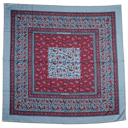 Hermes Cashmere Silk Chasse En Inde Shawl 140 Bleu Chine Violet Blue Jean 2 of 5