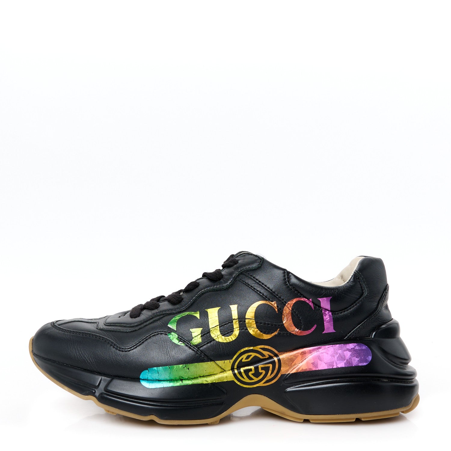 Gucci Calfskin Iridescent Logo Womens Rhyton Sneakers 39 Black 1 of 9