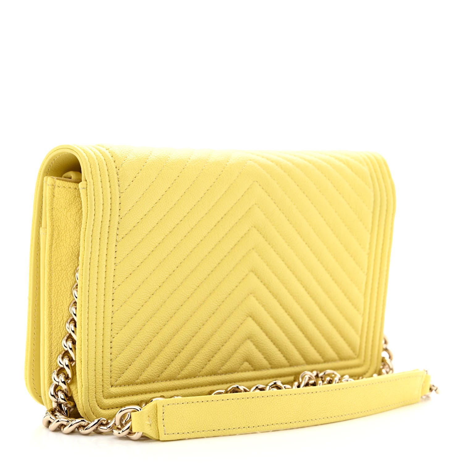 Chanel Caviar Chevron Quilted Boy Wallet On Chain WOC Yellow 3 of 12