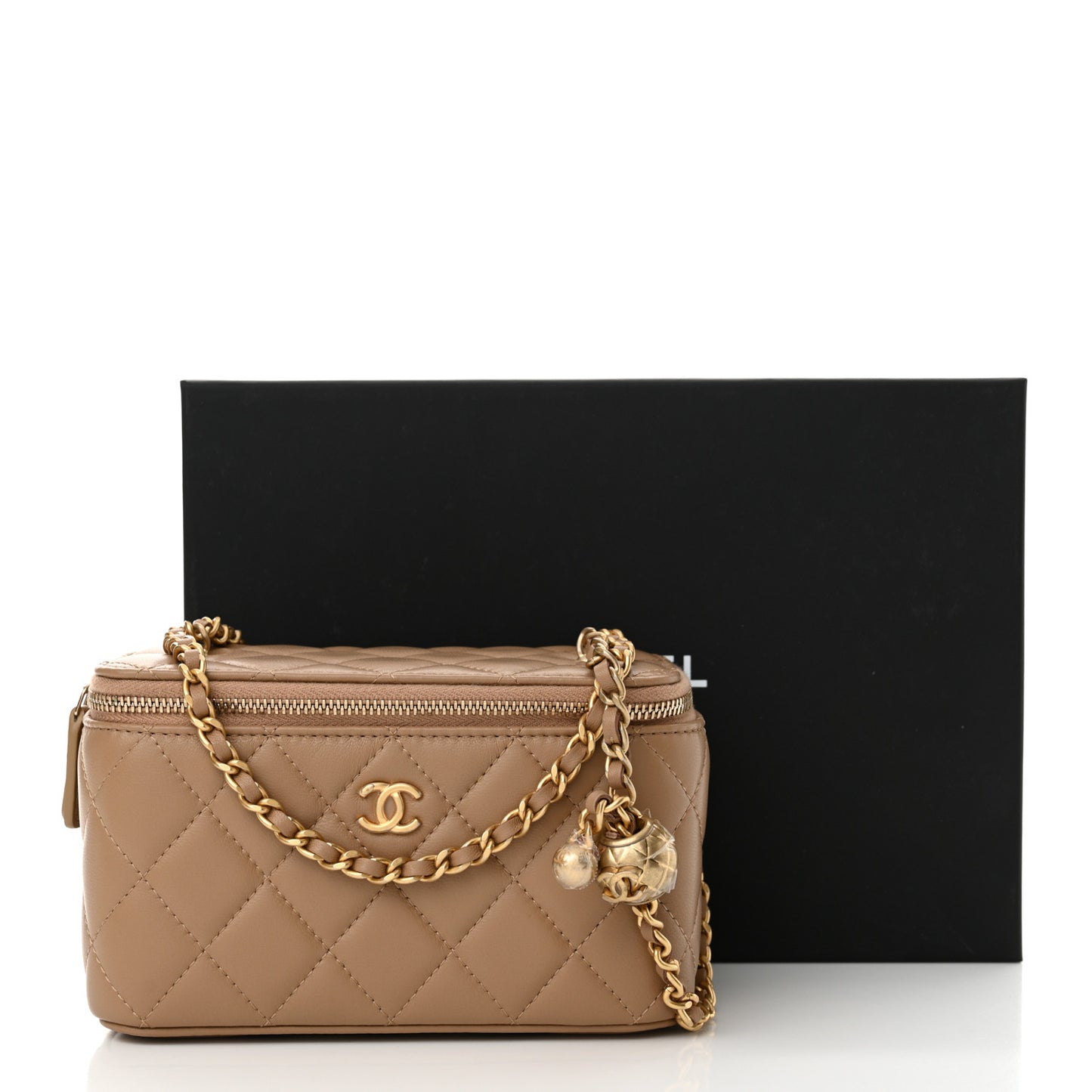 Lambskin Quilted Pearl Crush Small Vanity Case With Chain Dark Beige