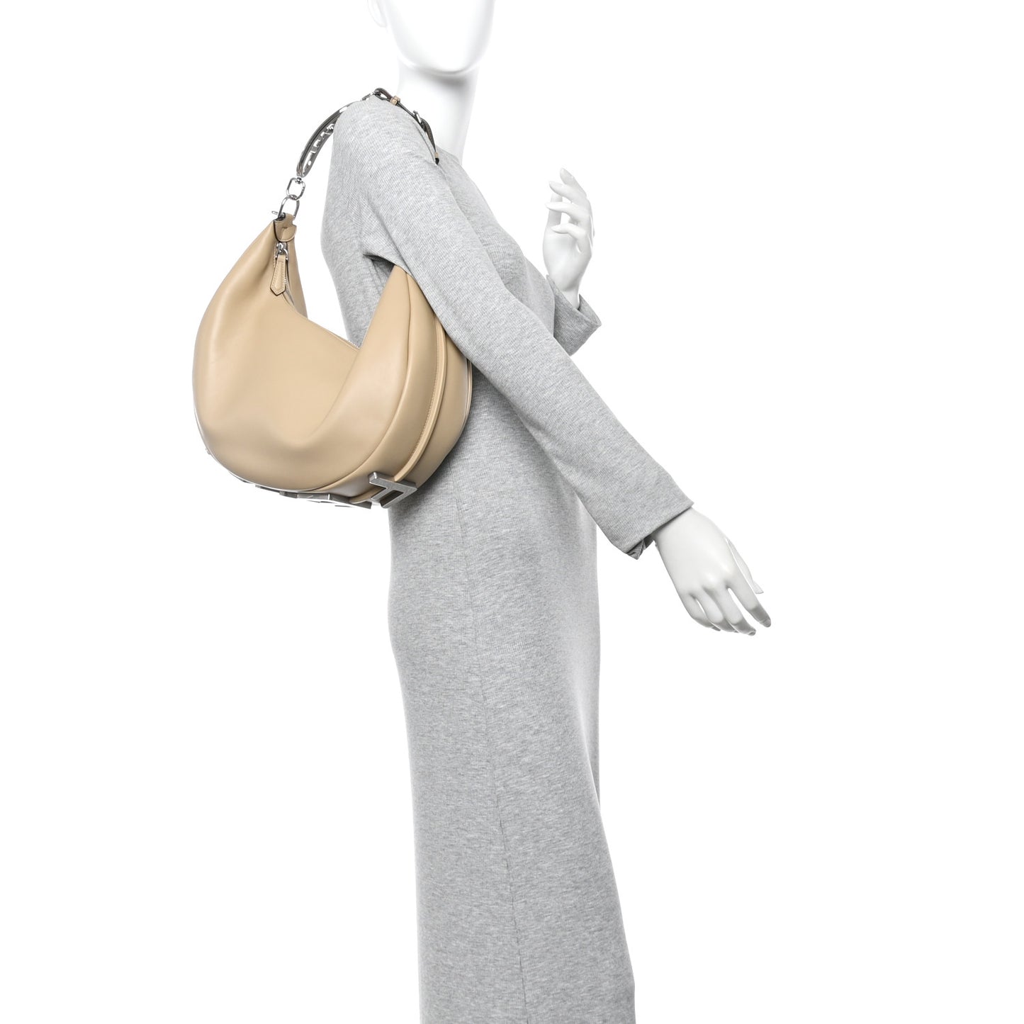 Vitello Grace Matte Metal Handle Medium Fendigraphy Hobo Bag Beige Amido