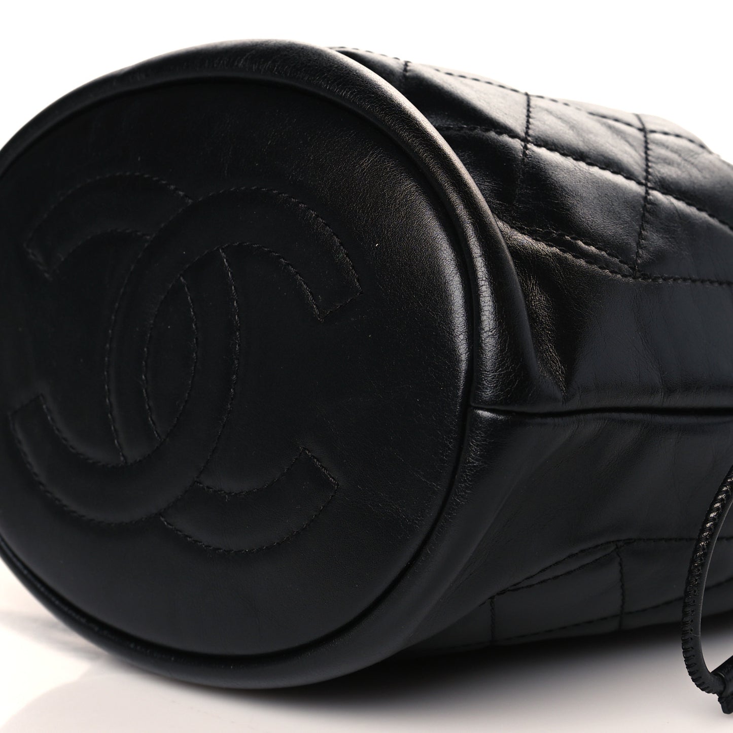 Calfskin Stitched Coco Ring Bucket Drawstring Bag Black