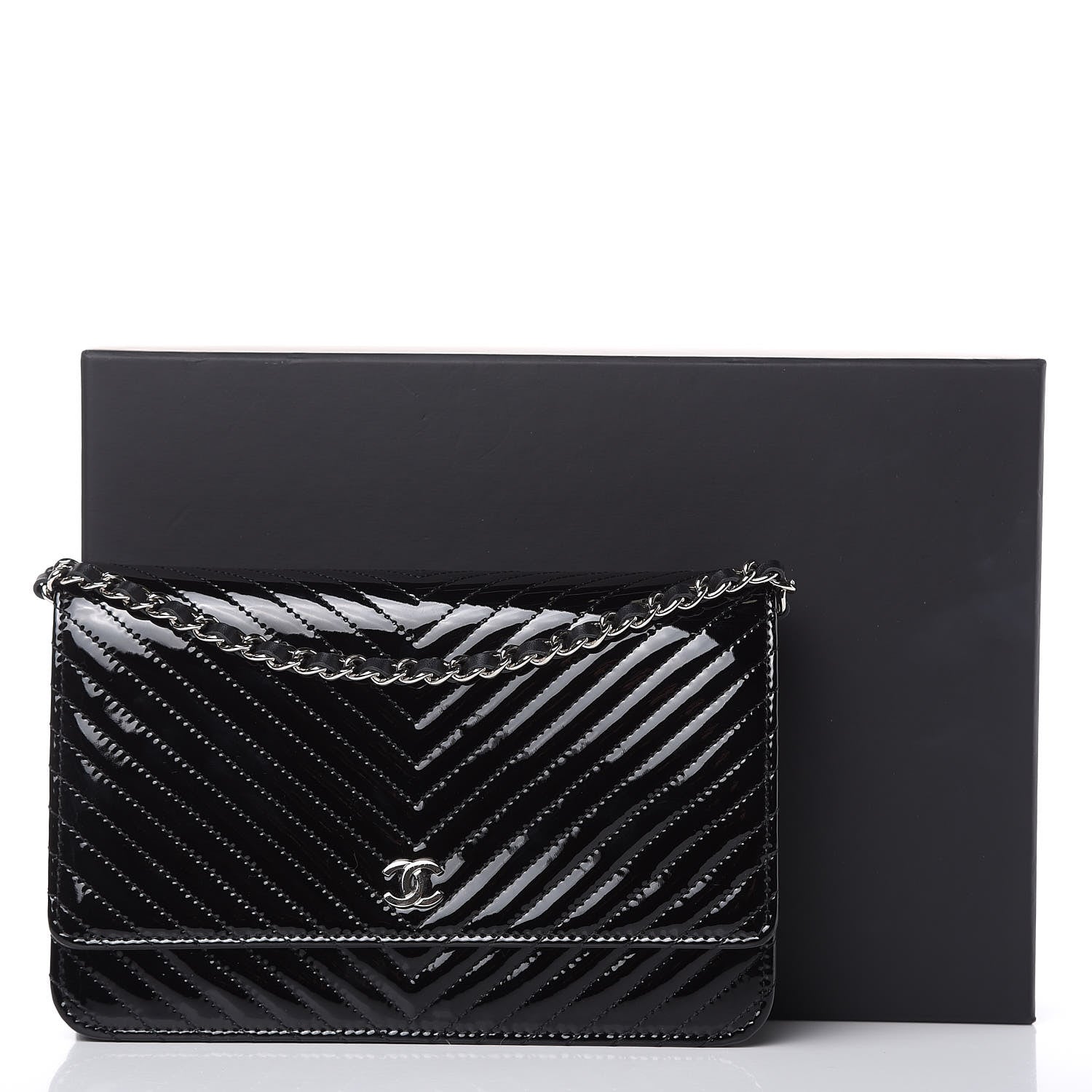 Chanel Patent Calfskin Chevron Quilted Wallet On Chain WOC Black 12 of 12