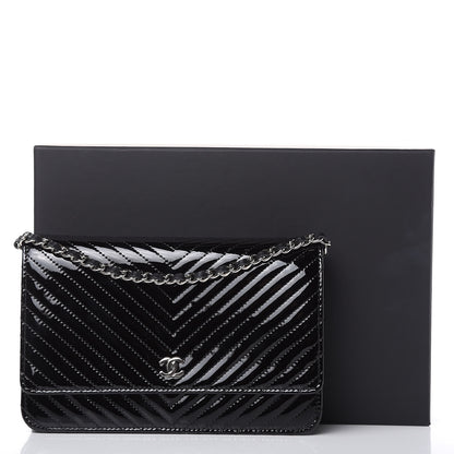 Chanel Patent Calfskin Chevron Quilted Wallet On Chain WOC Black 12 of 12
