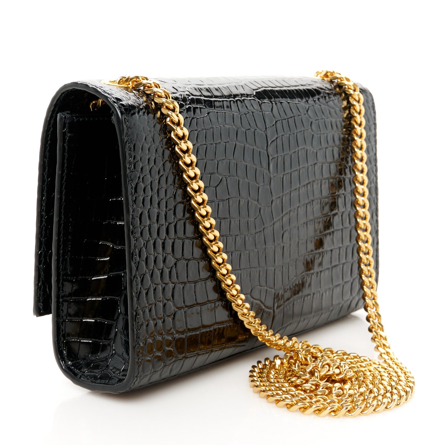 Calfskin Crocodile Embossed Small Classic Monogram Kate Tassel Satchel Black