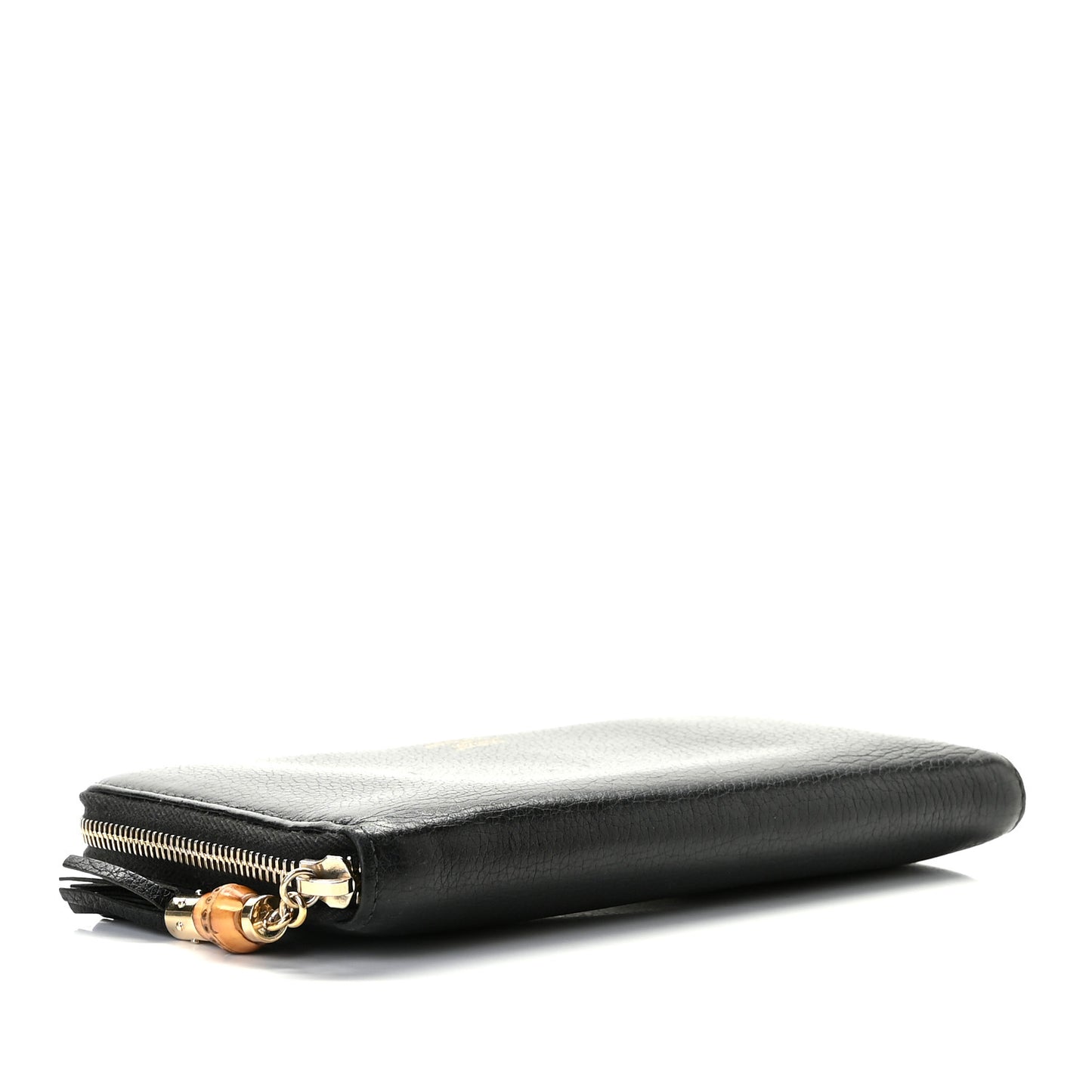 Pebbled Calfskin Bamboo Tassel Zip Around Wallet Black