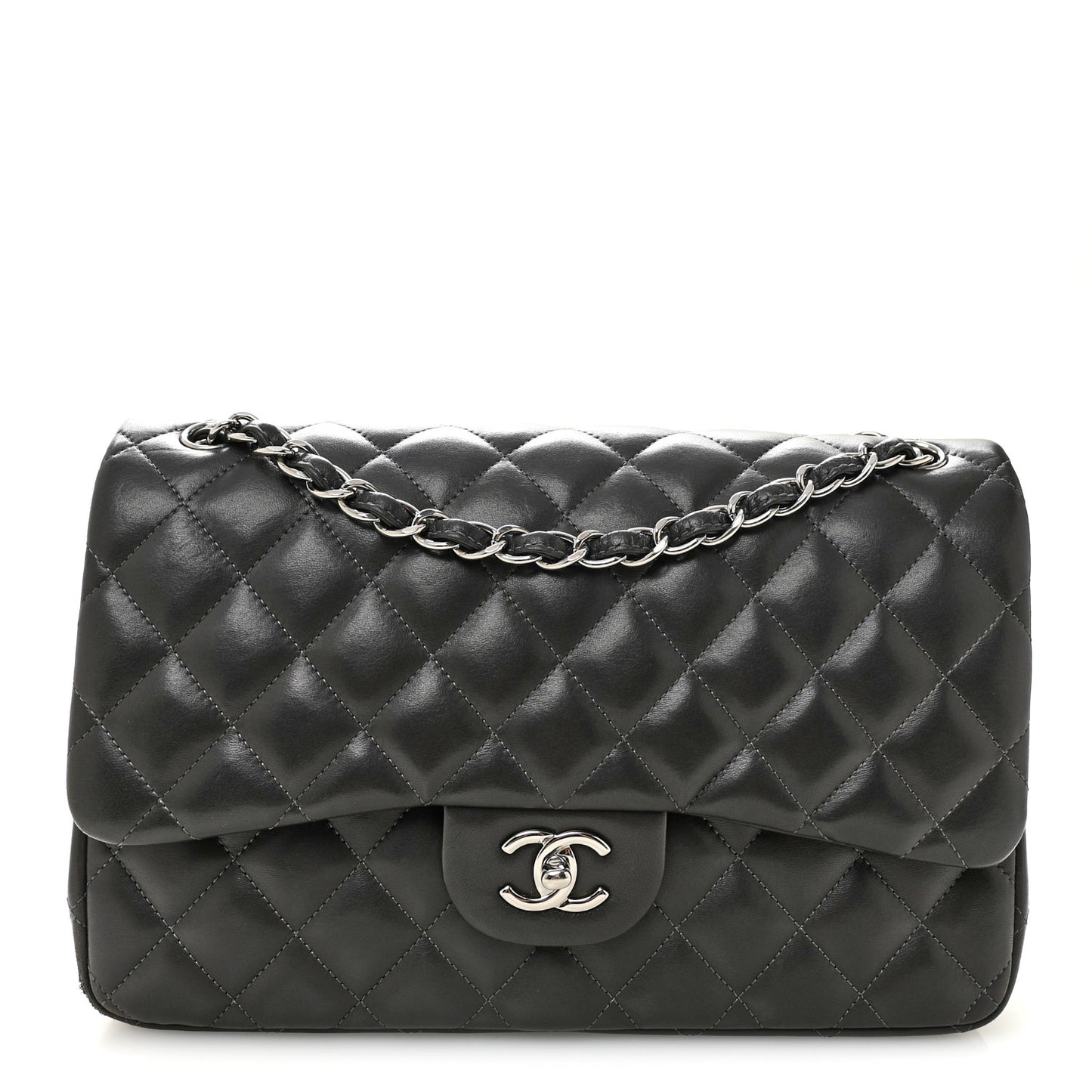 Lambskin Quilted Jumbo Double Flap Dark Grey