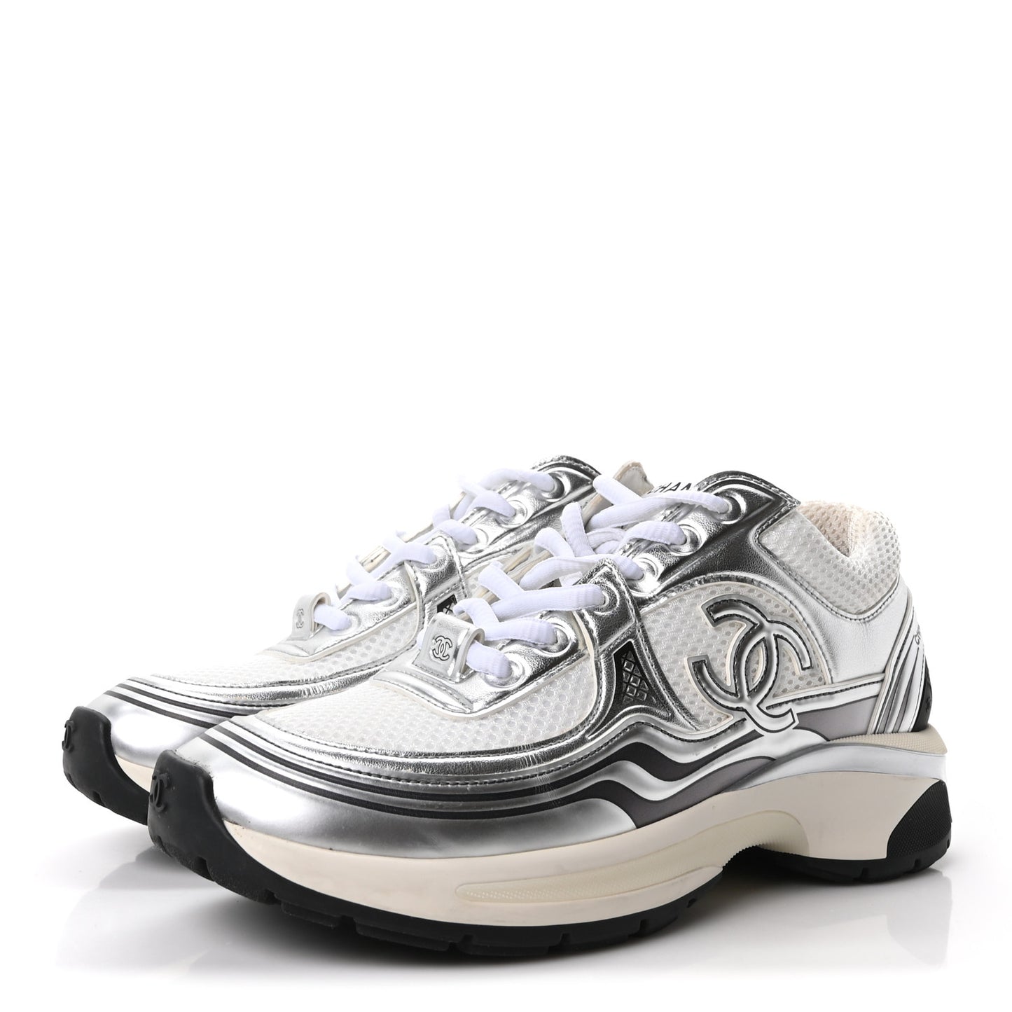 Fabric Laminated Calfskin Stretch CC Sneakers 36 White Silver