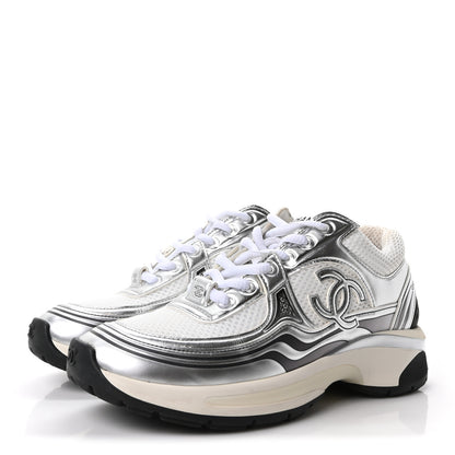 Chanel Fabric Laminated Calfskin Stretch CC Sneakers 36 White Silver 4 of 10