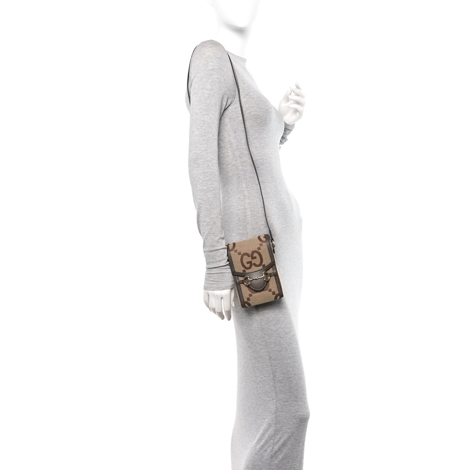 Gucci Monogram Jumbo GG Textured Dollar Calfskin Mini Horsebit 1955 Crossbody Bag Camel Ebony New Acero 2 of 14