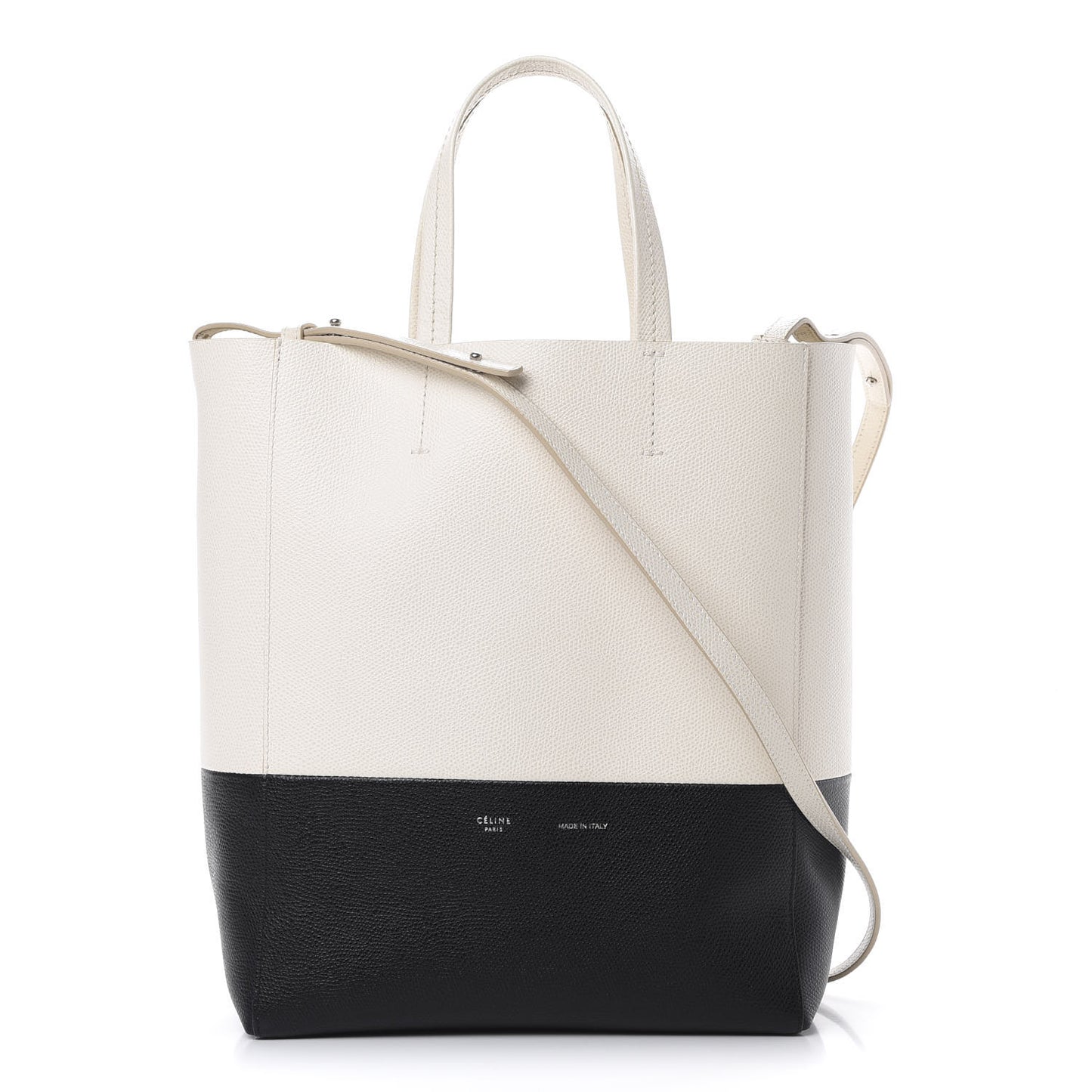 Grained Calfskin Small Vertical Bi-Cabas Cream Black