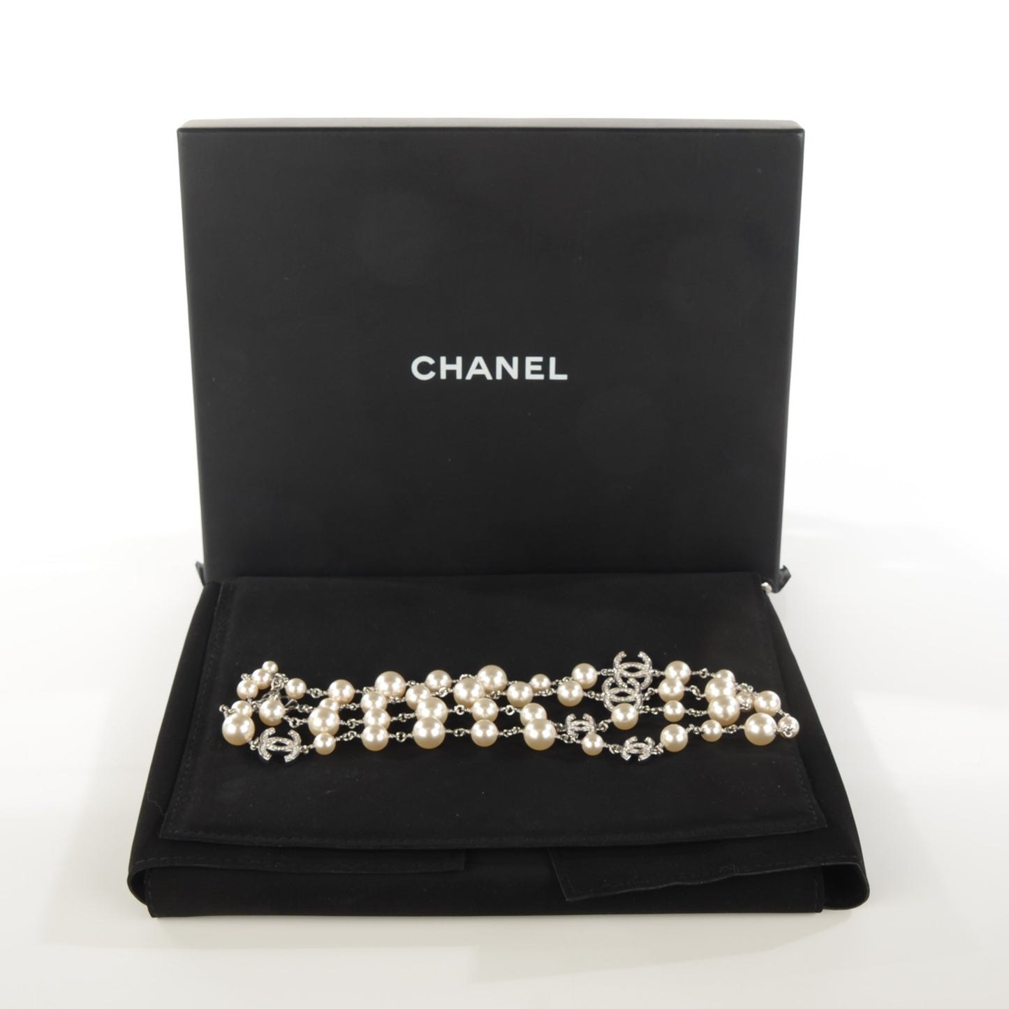 Crystal Pearl CC Long Necklace Silver