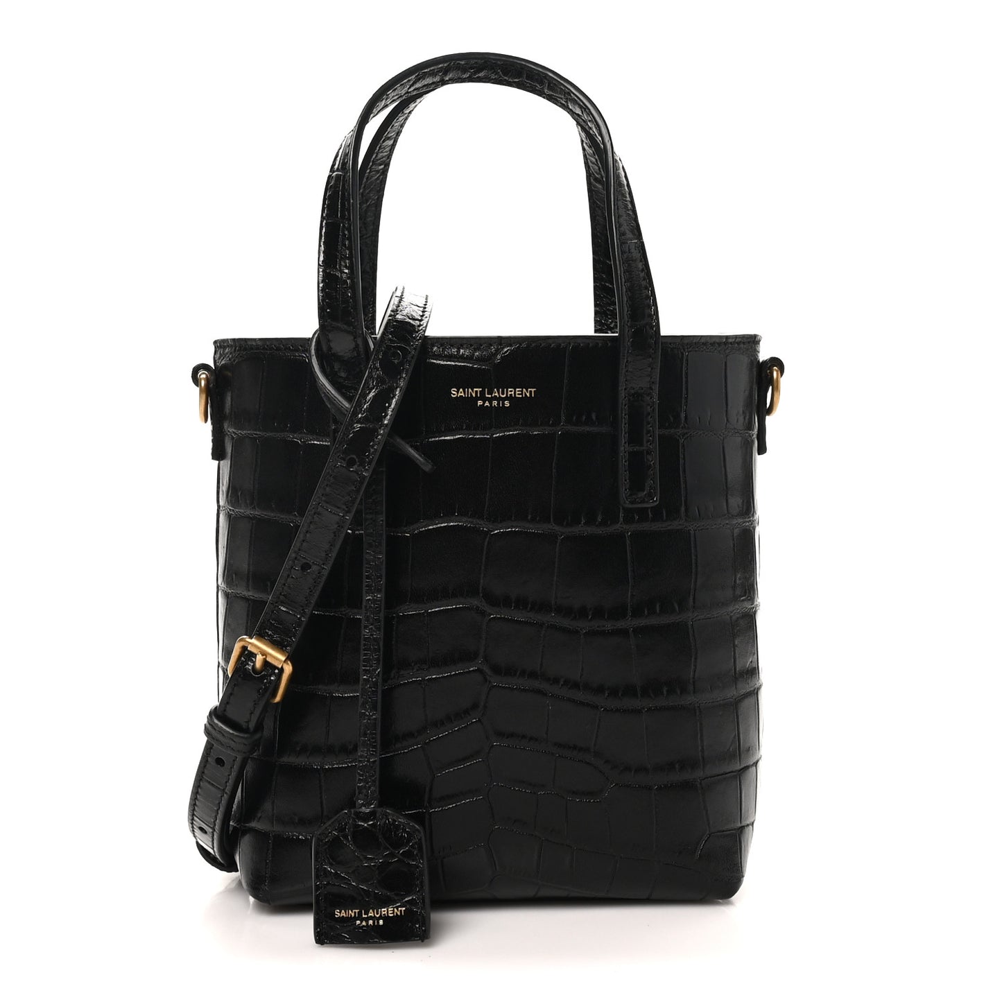 Calfskin Crocodile Embossed Paris Mini Toy Shopper Tote Black