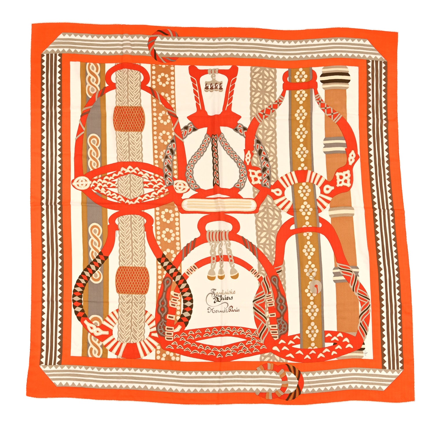 Hermes Cashmere Silk Fantaisie D'etriers Shawl 140 Orange White Beige 1 of 3