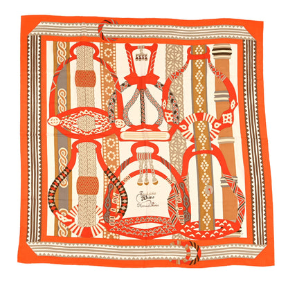 Hermes Cashmere Silk Fantaisie D'etriers Shawl 140 Orange White Beige 1 of 3