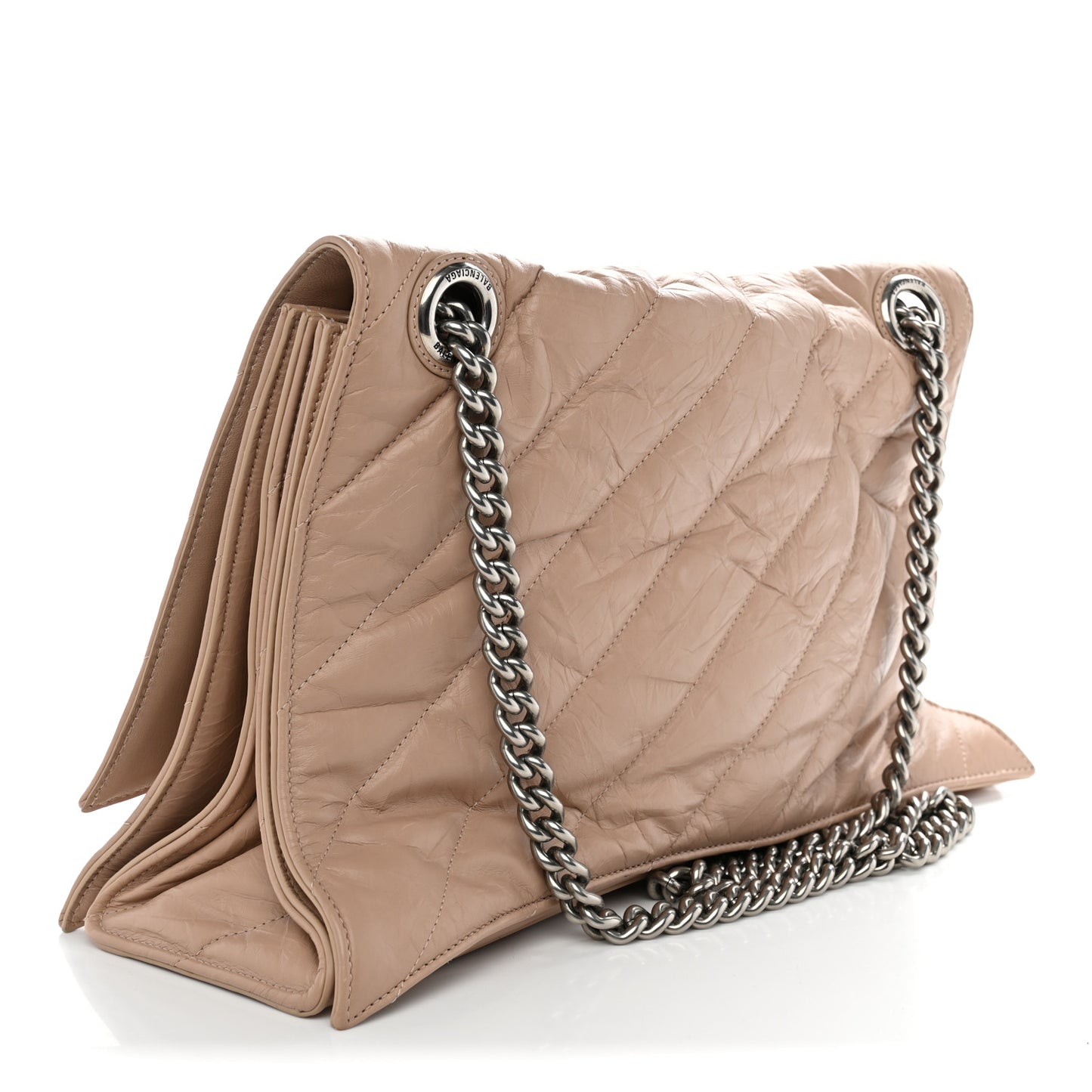 Crushed Calfskin Quilted Silver Hardware Large Crush Chain Bag Nude