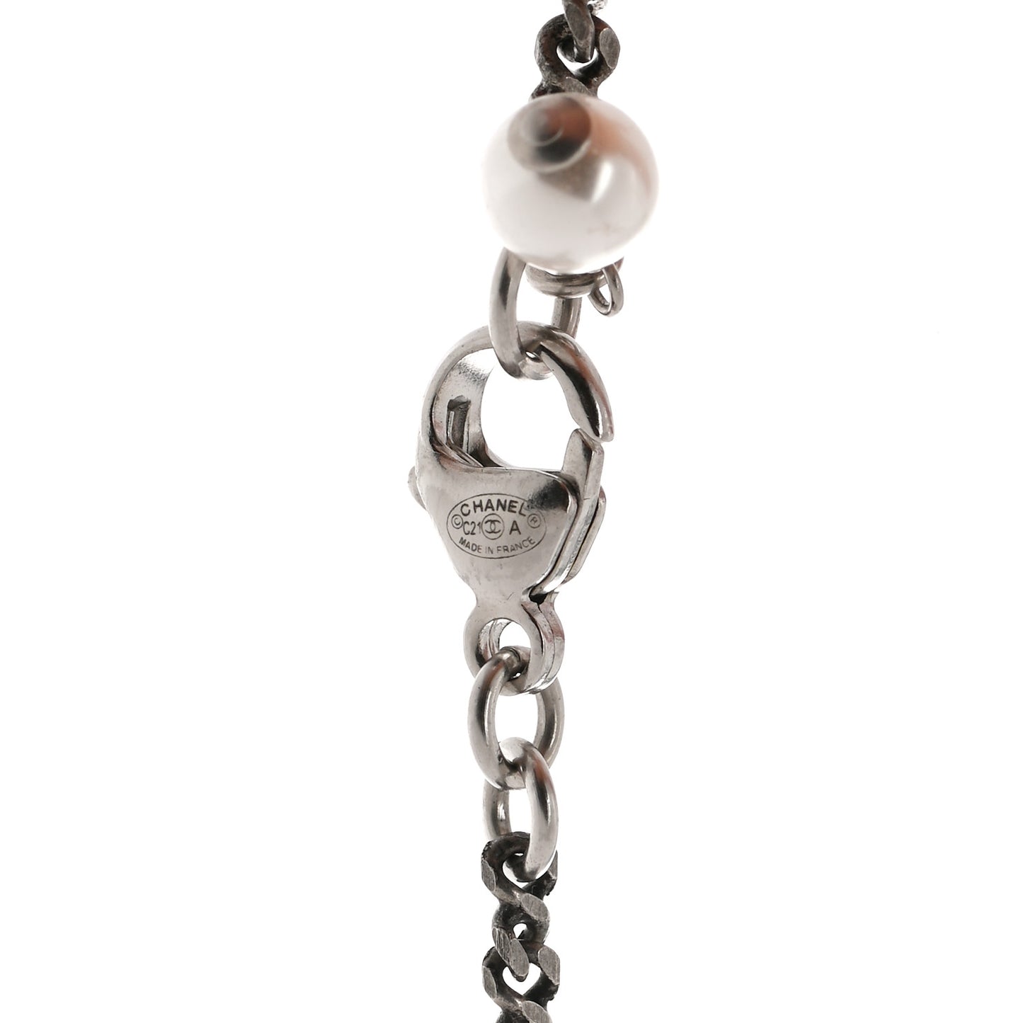 Pearl Crystal CC Pendant Necklace Silver