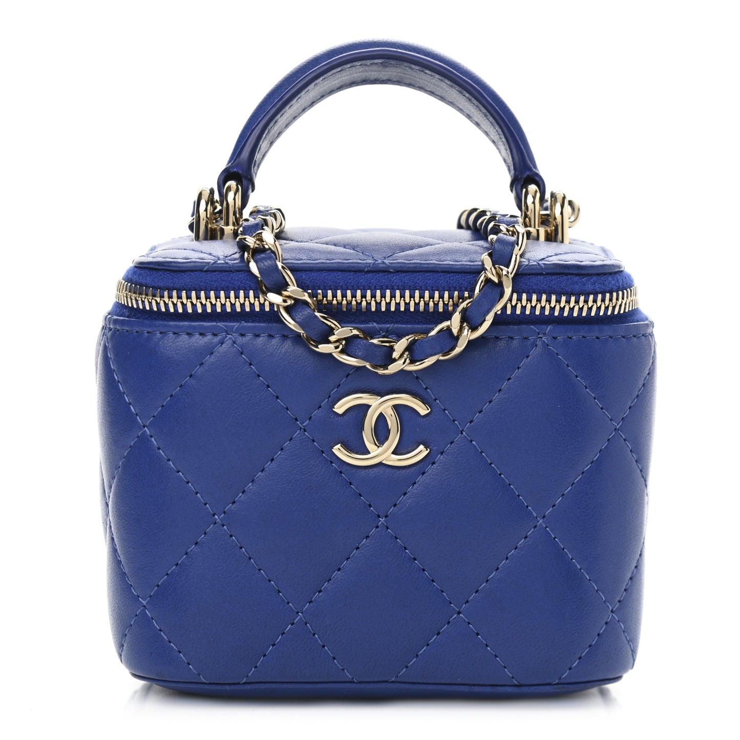 Lambskin Quilted Top Handle Mini Vanity Case With Chain Blue
