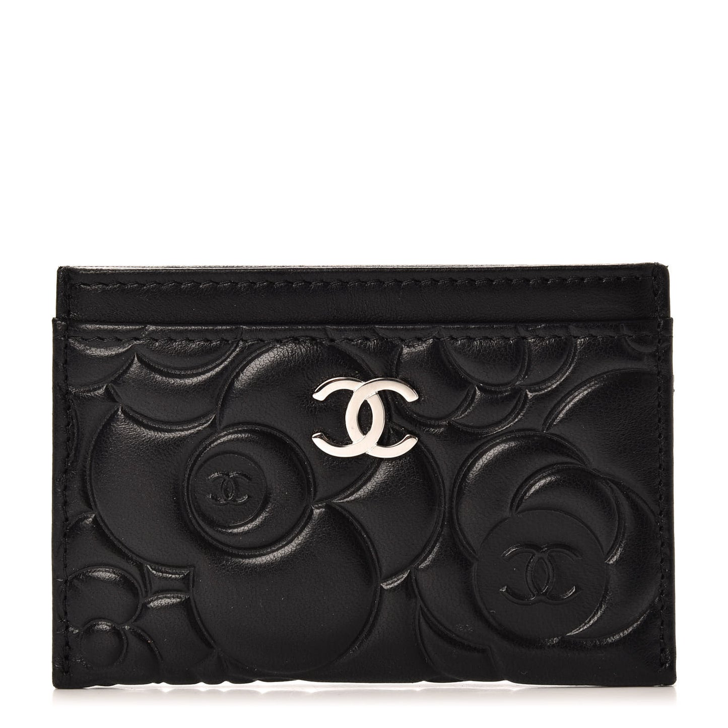 Lambskin Camellia Embossed Card Holder Black