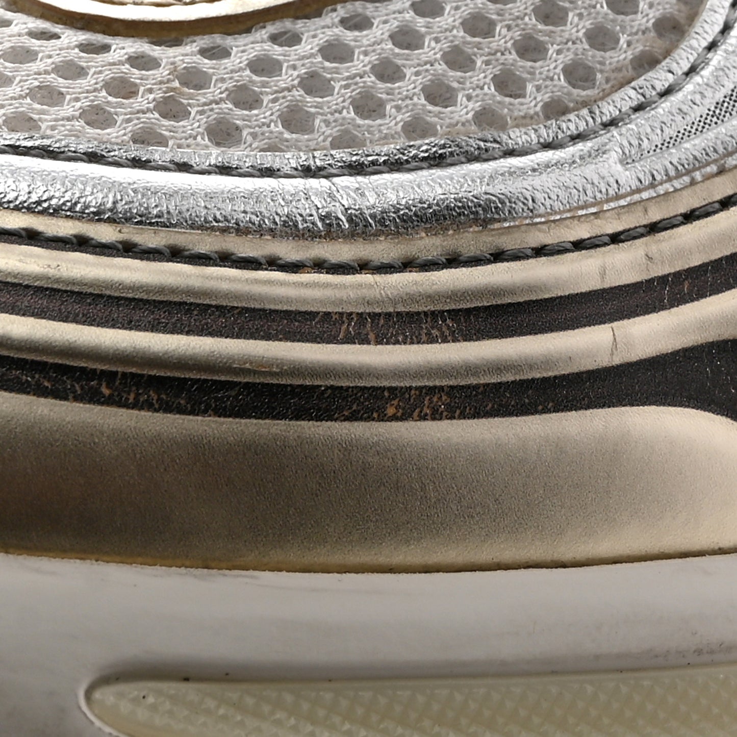 Fabric Laminated Calfskin Stretch CC Womens Sneakers 38.5 White Gold