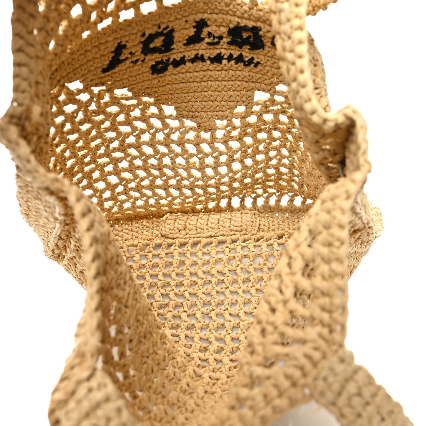 Yarn Raffia Effect Crochet Logo Embroidered Tote Bag Naturale