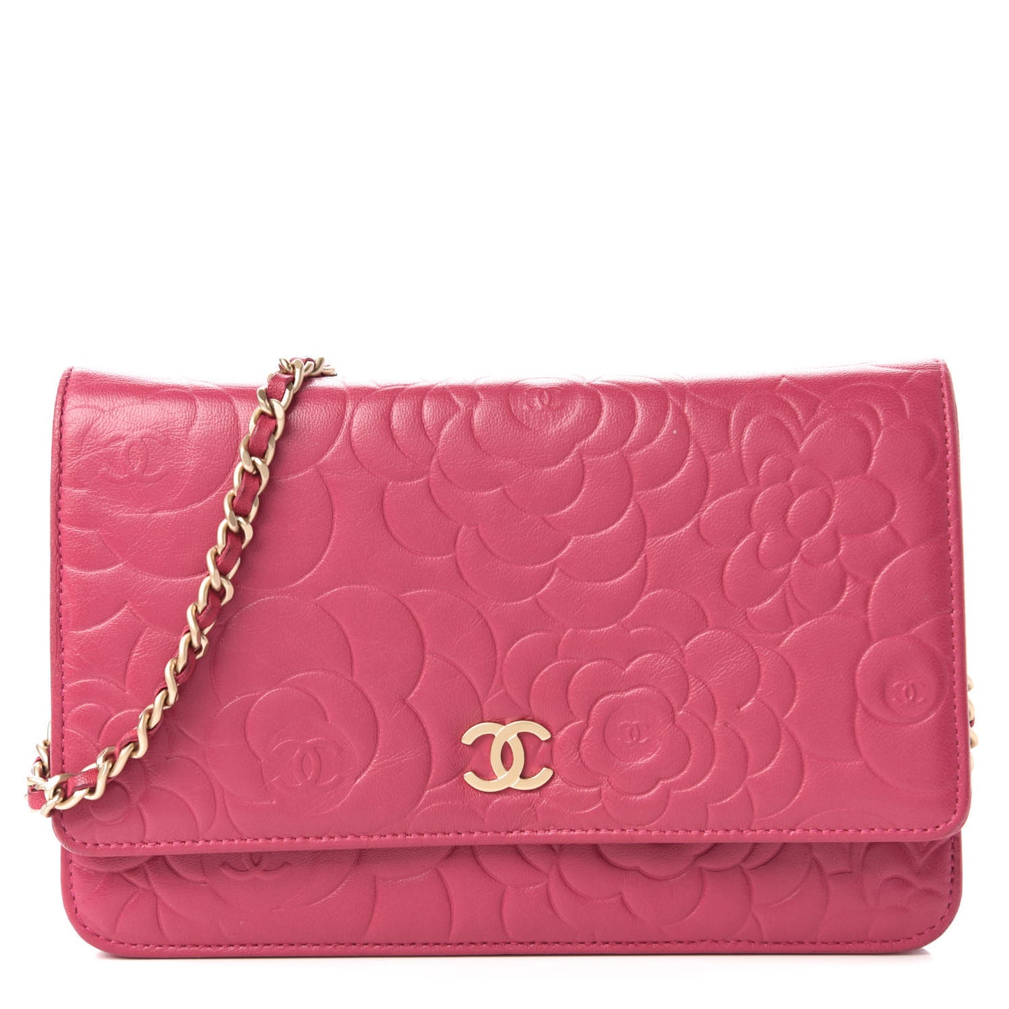 Lambskin Camellia Embossed Wallet On Chain WOC Pink