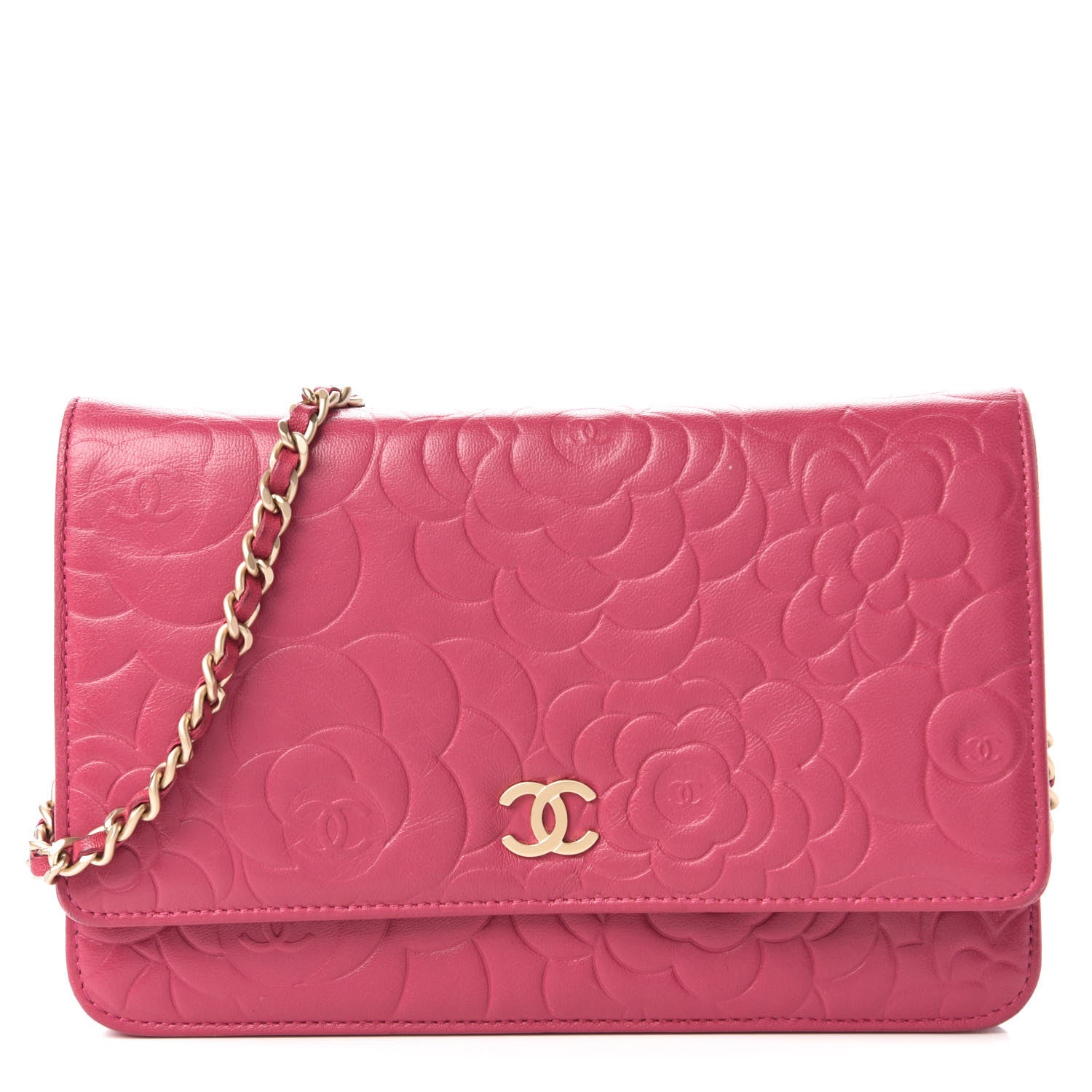 Chanel Lambskin Camellia Embossed Wallet On Chain WOC Pink 1 of 11