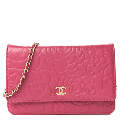 Chanel Lambskin Camellia Embossed Wallet On Chain WOC Pink 1 of 11