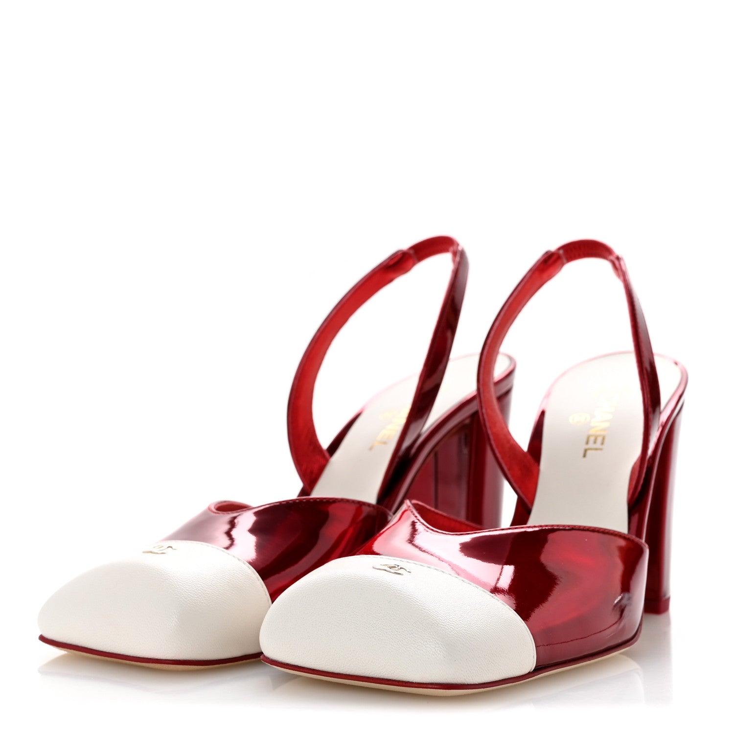 Chanel Laminated Calfskin Lambskin Cap Toe CC Slingback Pumps 36.5 Red Ivory 4 of 10