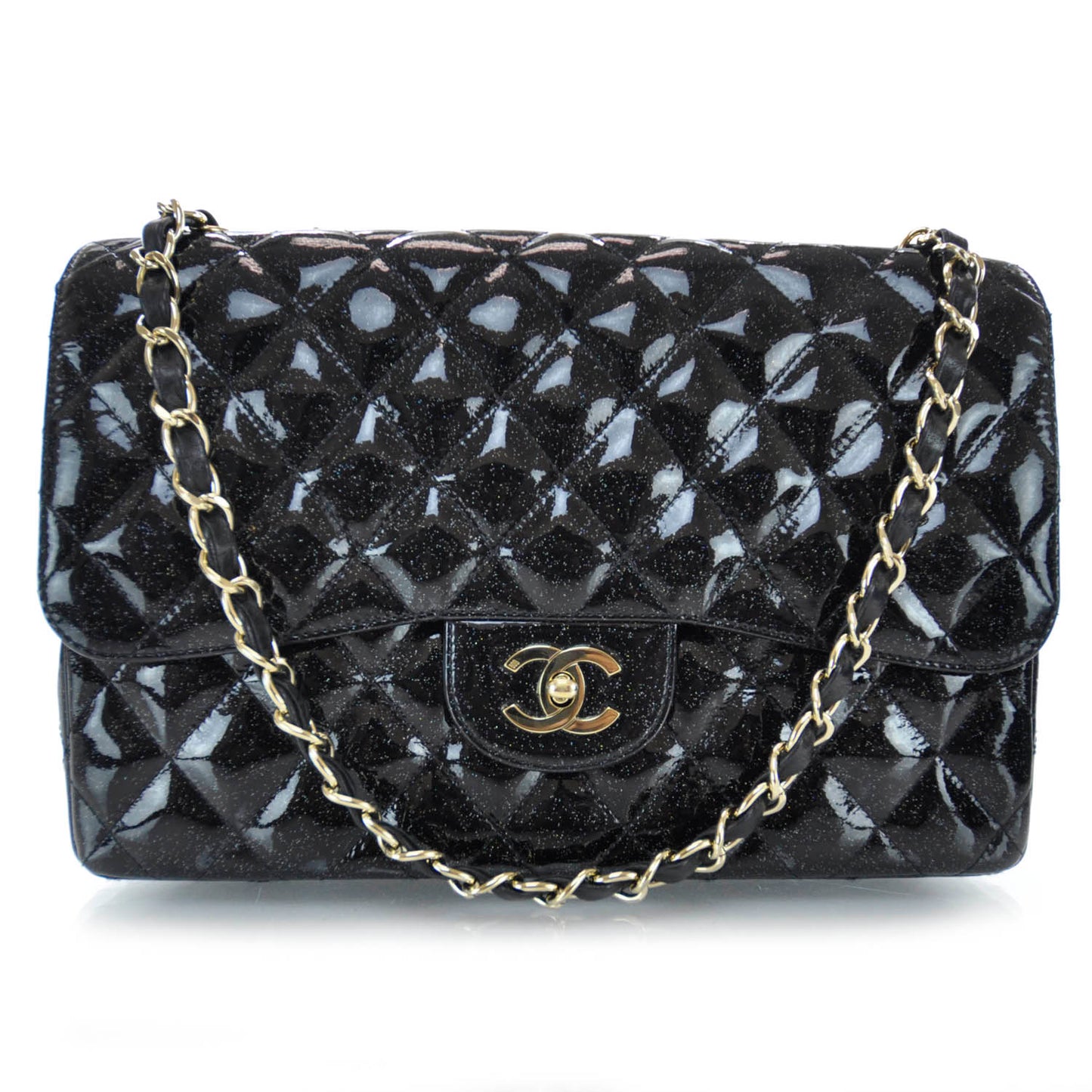 Patent Quilted Sparkle Glitter Jumbo Flap Black