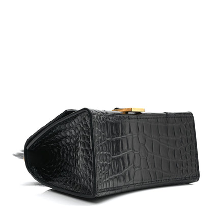 Balenciaga Shiny Calfskin Crocodile Embossed Small Hourglass Top Handle Bag Black 3 of 9