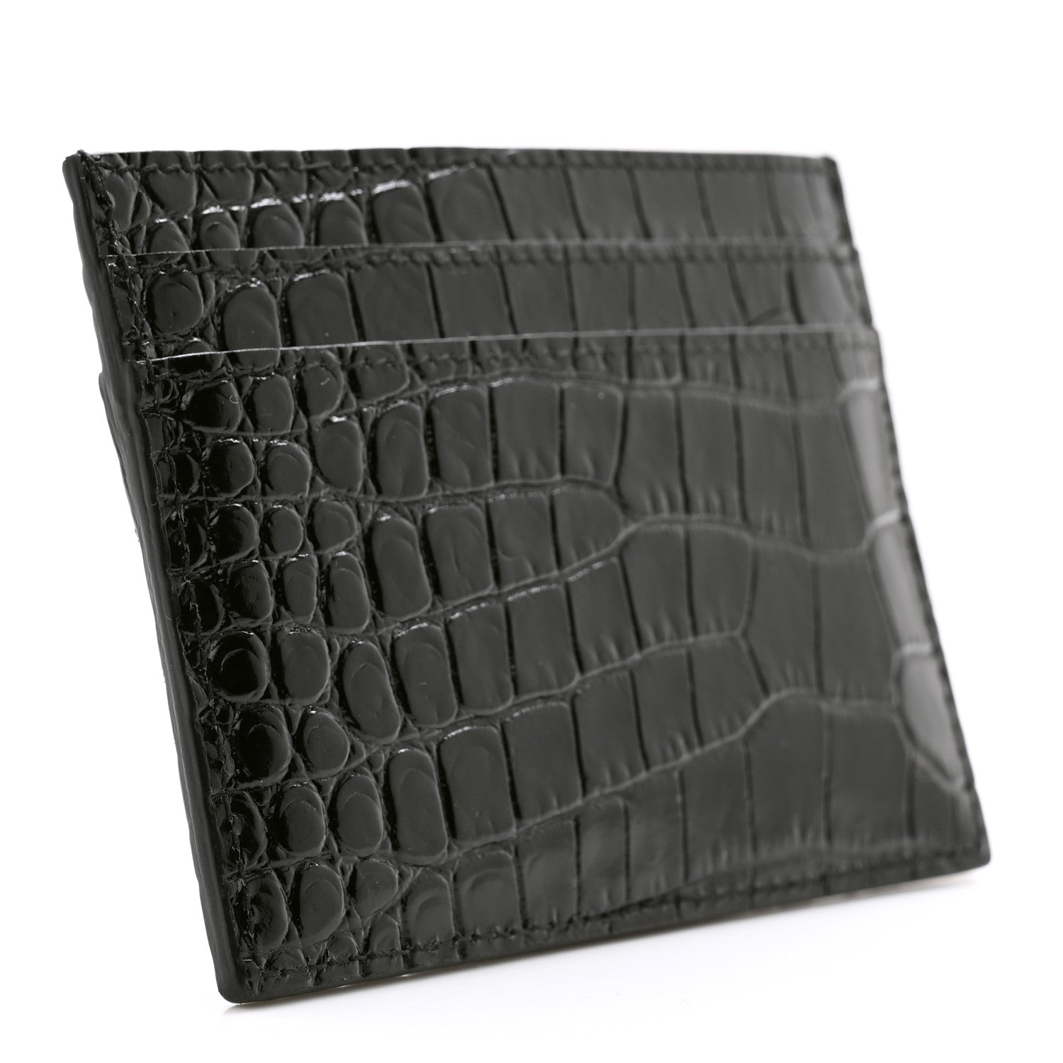 Saint Laurent Calfskin Crocodile Embossed Monogram Credit Card Case Black 3 of 7