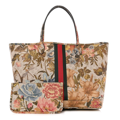 Gucci GG Supreme Monogram Water Flora Web Large Ophidia Tote Beige White Multicolor 1 of 12