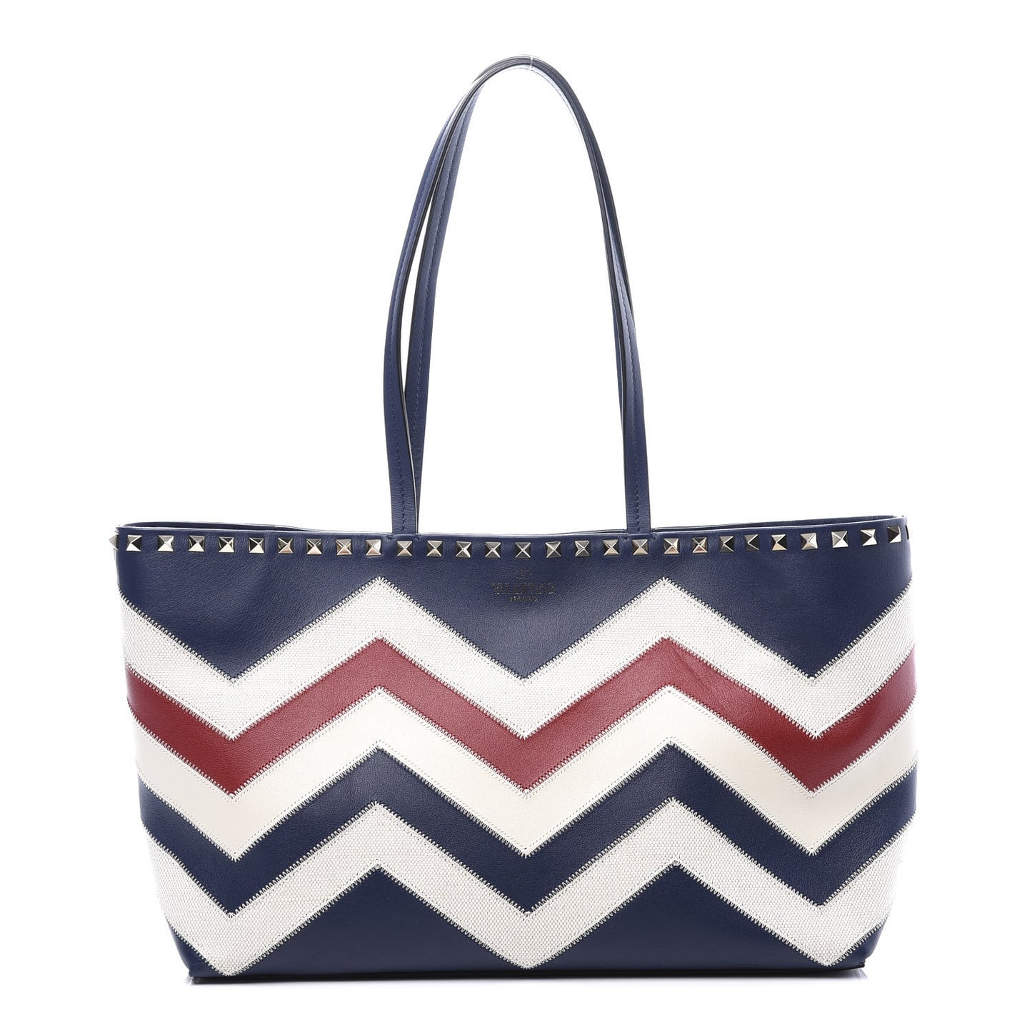 Calfskin Canvas Chevron Inlay Small Rockstud Shoulder Tote Blue Red White