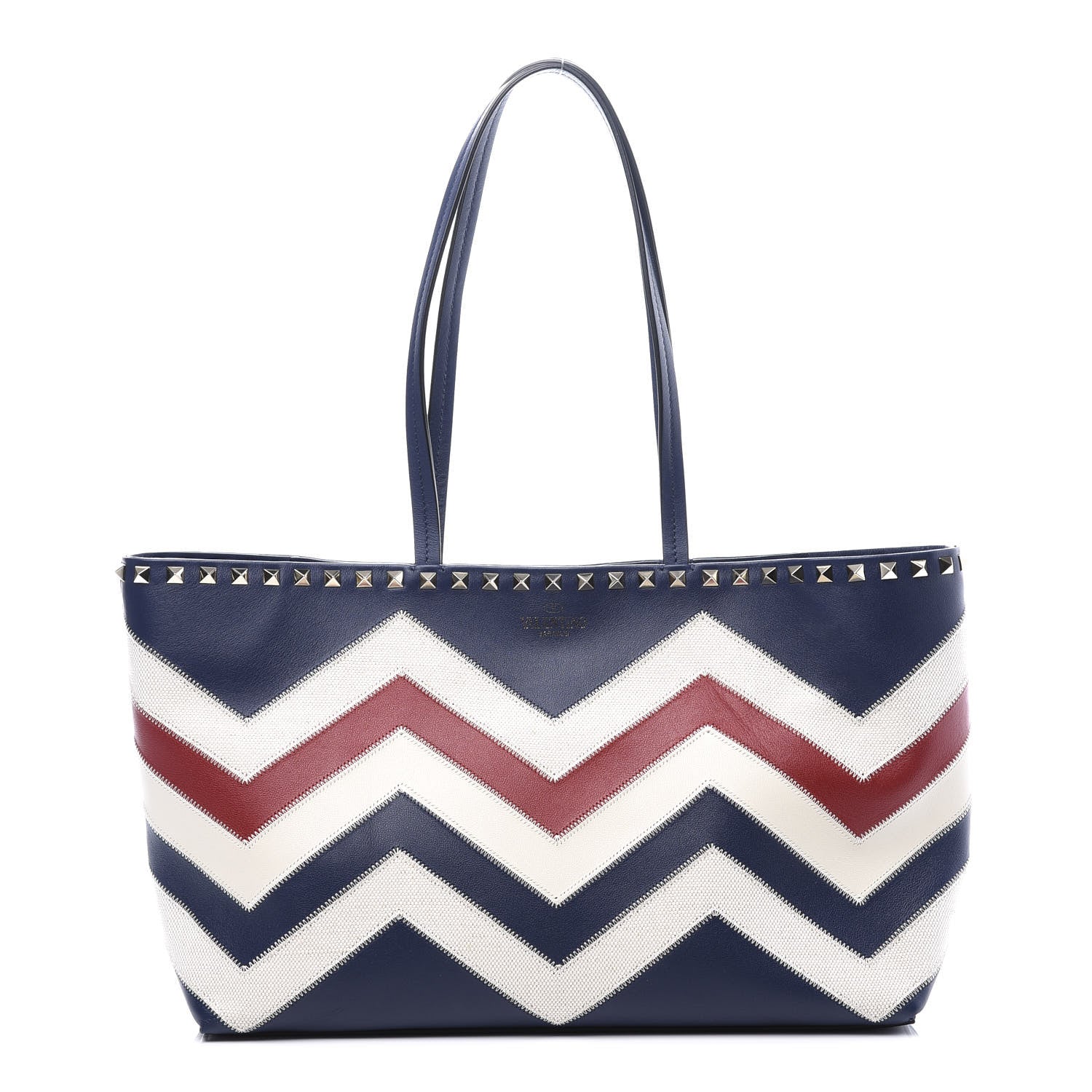 Valentino Garavani Calfskin Canvas Chevron Inlay Small Rockstud Shoulder Tote Blue Red White 1 of 8